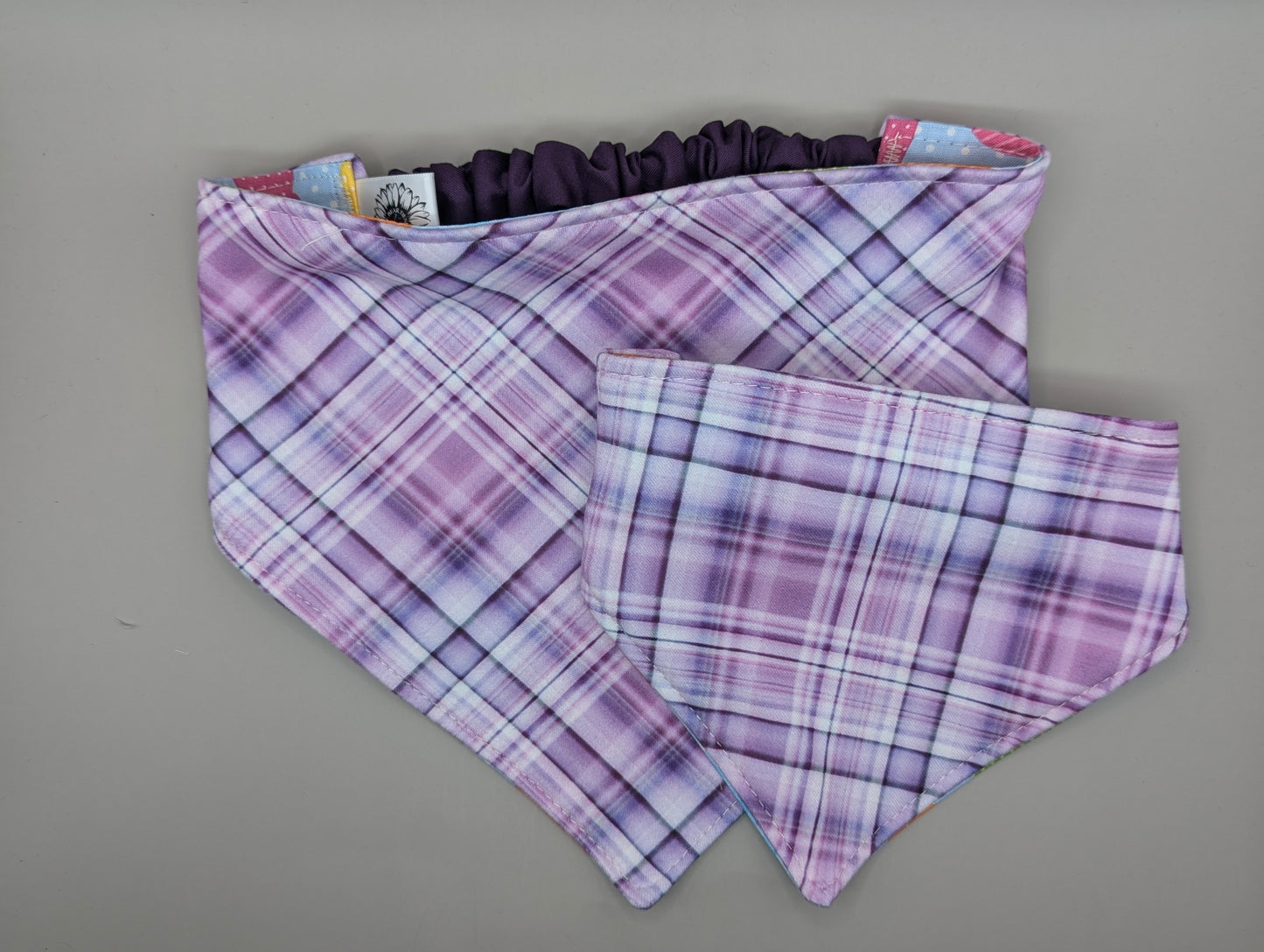 Purple Plaid/ Color Bunnies Scrunchie Bandana-reversible
