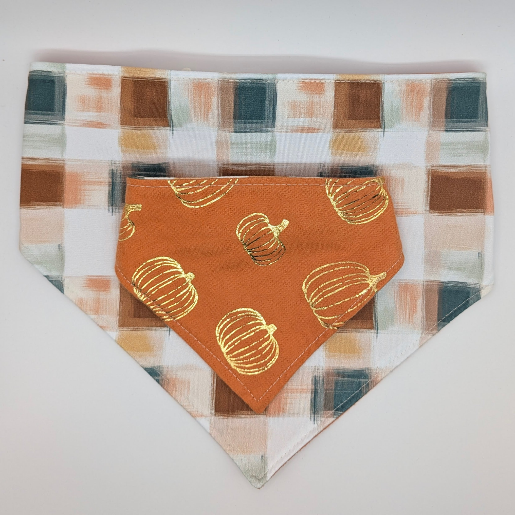Golden Pumpkin/Plaid Bandana- Reversible