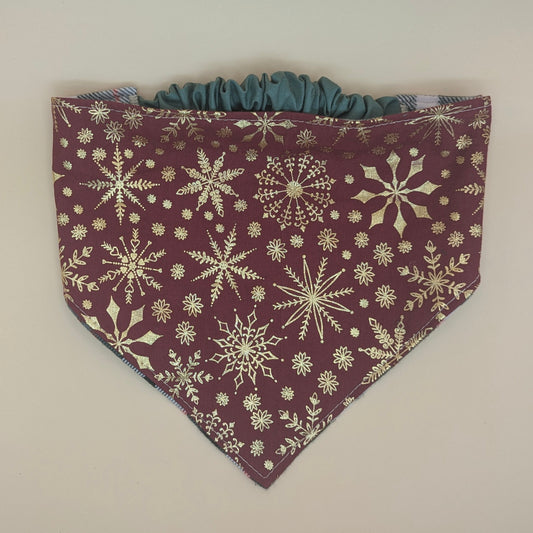 Golden snowflake /Plaid Scrunchie bandana- reversible