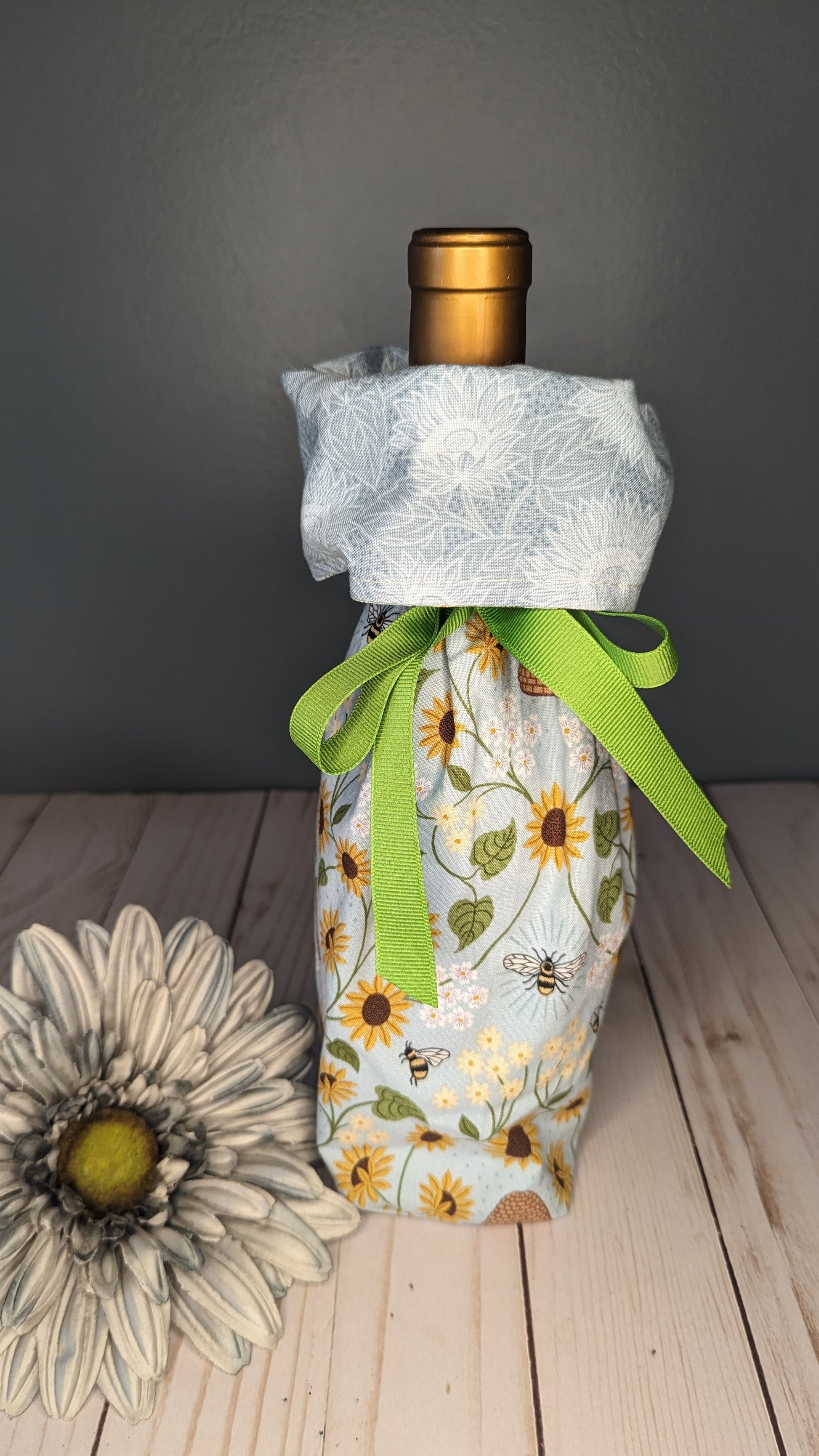 Sunflower and bees, neon green ribbon