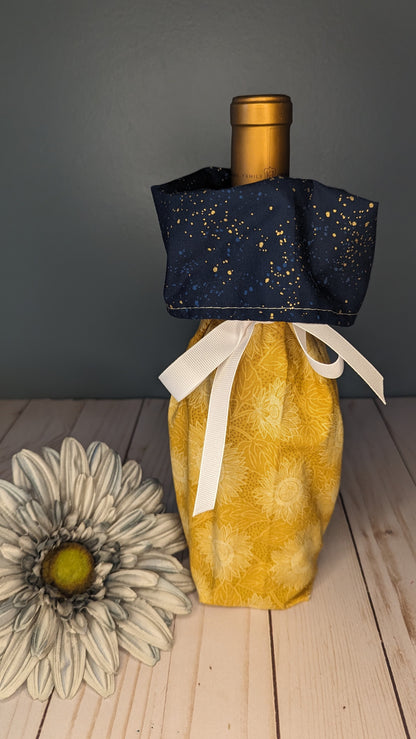 Golden sunflower with splatter navy blue, white ribbon