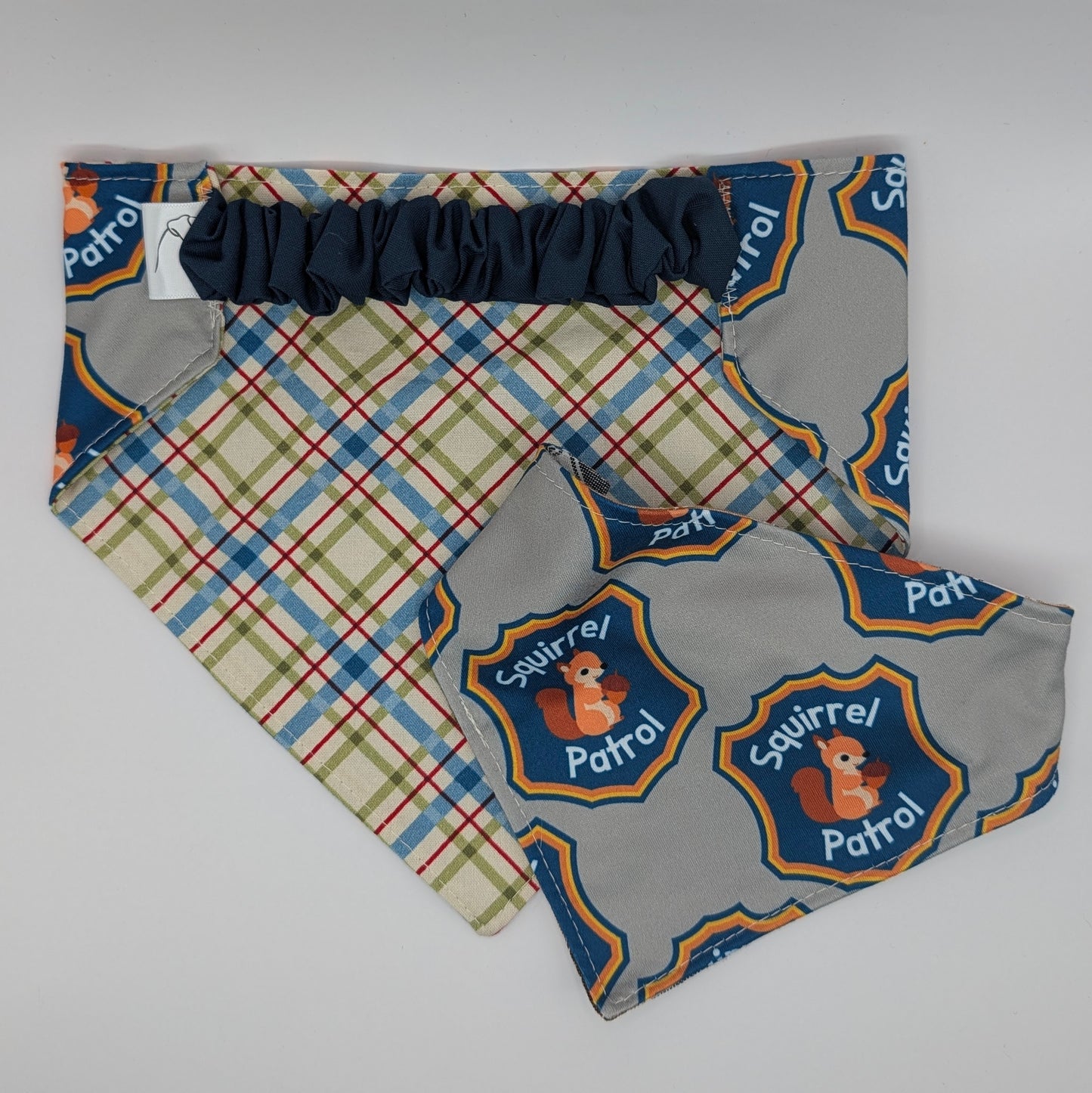 Squirrel Patrol Scrunchie Bandana blue plaid -reversible