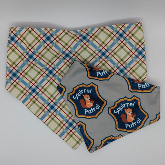 Squirrel Patrol Scrunchie Bandana blue plaid -reversible