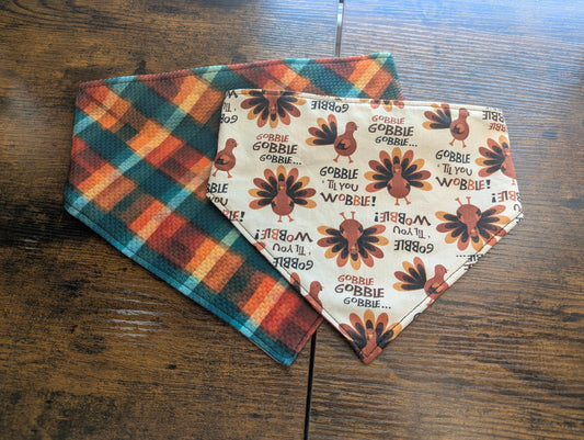 Gobble Til You Wobble Scrunchie Bandana/plaid- Reversible